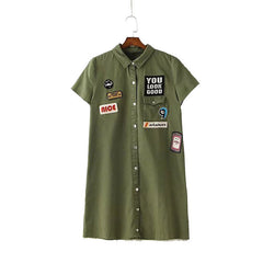 Women Letters Patch Work Long Shirt - Boujton