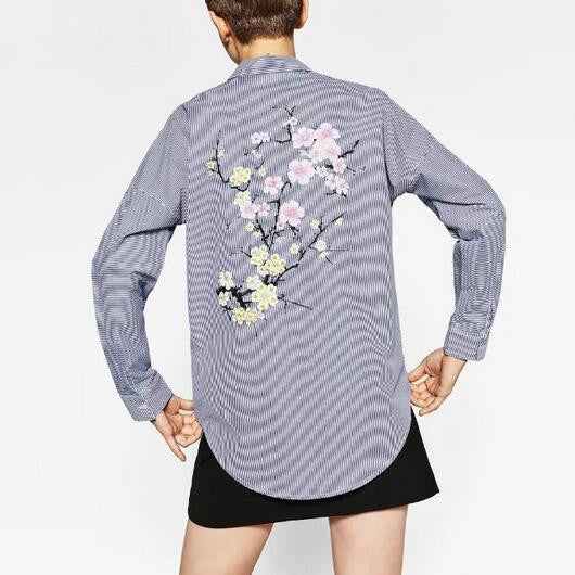 New 2017 Za Blusas Fashion Women Long Sleeve Blouse Casual Ladies Plum Flower Embroidery Striped Tops Vetement Femme