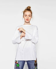 Pullover Back Letter Shirt Bow Blouse - Boujton